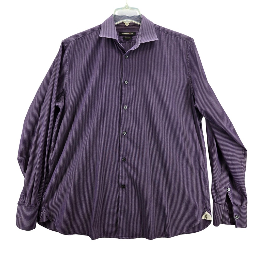 John Varvatos USA Mens Purple Pinstripe Dress Shirt Regular Fit Button Up 16.5